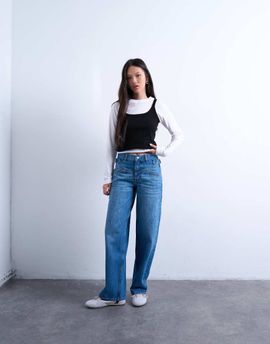 Topshop Topshop mid rise yoke front cinched jeans in mid blue