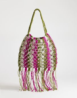 Topshop Topshop Milan medium crochet tassel bag in khaki stripe-Green