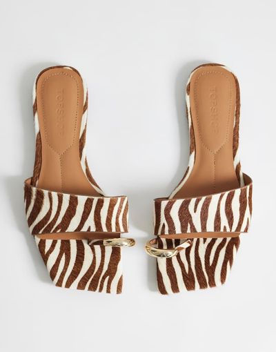 Topshop Topshop Mina mule flat sandals with hardware hair on real leather zebra-Green
