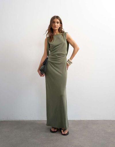 Topshop Topshop modal cowl back sleeveless maxi dress in khaki-Green