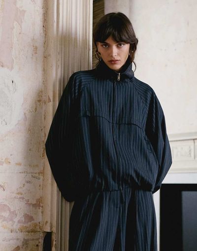 Topshop Topshop modal striped zip up jacket in navy - part of a set