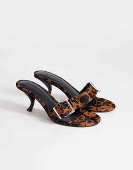 Topshop Topshop Nadine real hair-on-leather mid heel mules with buckle in leopard print-Brown