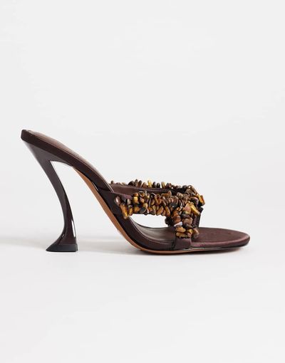 Topshop Topshop Natasha embellished mule high heeled sandals in chocolate satin-Gray