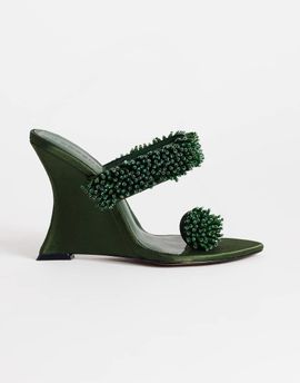 Topshop Topshop Nico wedge mules with embellishment in olive satin-Green
