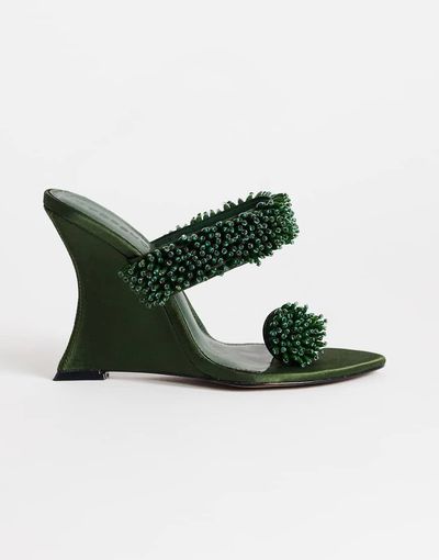 Topshop Topshop Nico wedge mules with embellishment in olive satin-Green