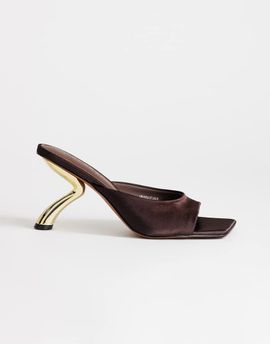 Topshop Topshop Nicole angular mid-height heeled mules in chocolate satin-Brown