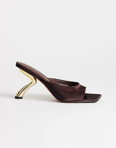 Topshop Topshop Nicole angular mid-height heeled mules in chocolate satin-Brown