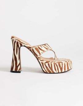 Topshop Topshop Nima real leather with hair platform high heeled toe thong sandals in zebra-Neutral