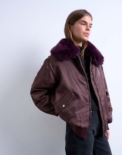 Topshop Topshop nylon bomber jacket with faux-fur collar in red