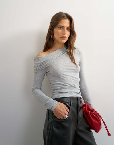 Topshop Topshop off-shoulder ruched long sleeve top in gray heather