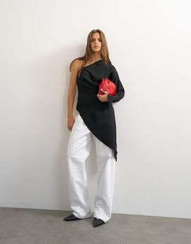 Topshop Topshop one-shoulder draped long sleeve asymmetric tunic in black