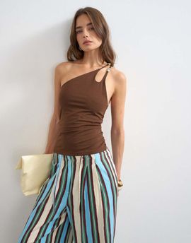 Topshop Topshop one shoulder beaded strap top in chocolate-Brown