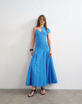 Topshop Topshop one sleeve crinkled midaxi dress with lace inserts in cornflower blue-Green