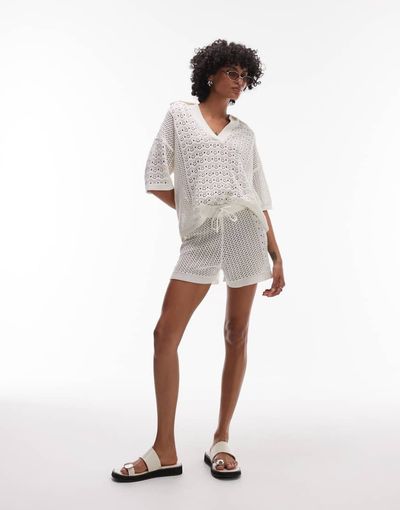 Topshop Topshop open stitch shorts in ivory - part of a set-White