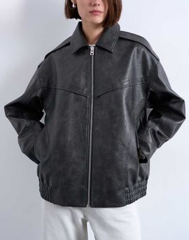 Topshop Topshop oversized faux leather bubble vintage wash seam detailing zip up bomber jacket in washed black