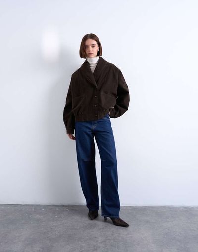 Topshop Topshop oversized faux suede shawl collar bomber jacket in chocolate-Brown