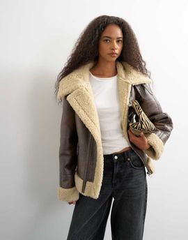 Topshop Topshop oversized shearling collar detail jacket in brown