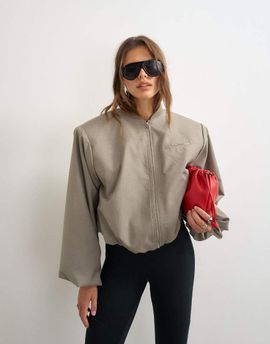 Topshop Topshop oversized zip up bomber jacket in stone-Neutral