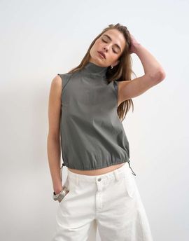 Topshop Topshop performance fabric funnel neck drawstring hem top in slate-Gray