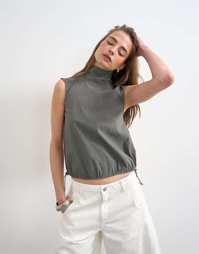 Topshop Topshop performance fabric funnel neck drawstring hem top in slate-Gray