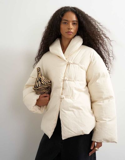 Topshop Topshop pillow scarf puffer jacket in ecru-NEUTRAL