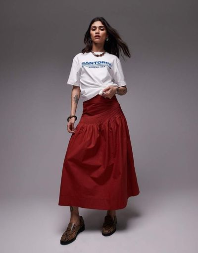 Topshop Topshop pintuck poplin full skirt in red
