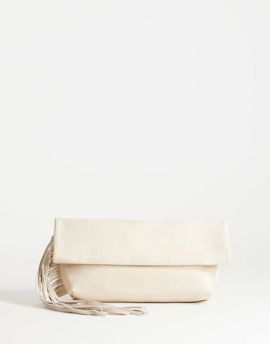 Topshop Topshop Pippa oversized fringe clutch bag in stone-White