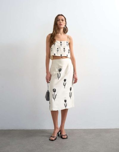 Topshop Topshop placement embroidery satin midi skirt in cream-White