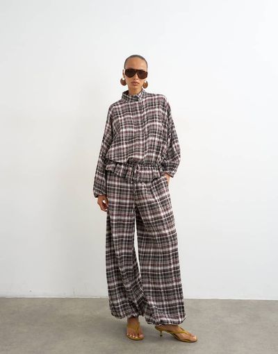 Topshop Topshop plaid funnel neck cinch drop waist hem shirt in brown