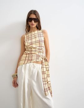 Topshop Topshop plaid wrap drape tank with tie in buttermilk-Multi