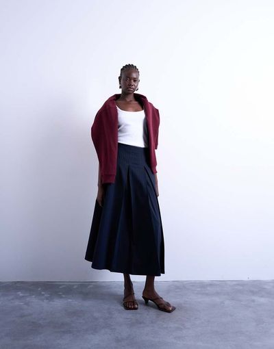 Topshop Topshop pleated midi skirt in navy with rust stripe-Multi