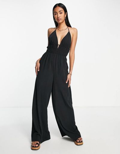 Topshop Topshop plisse full length jumpsuit in black-Green