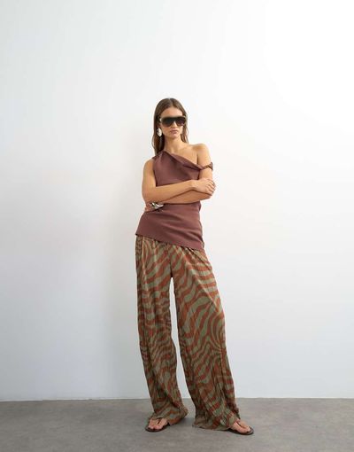 Topshop Topshop plisse pants in brown animal-Multi