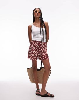 Topshop Topshop plisse wide leg shorts in burgundy abstract animal-Red