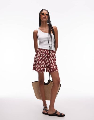 Topshop Topshop plisse wide leg shorts in burgundy abstract animal-Red