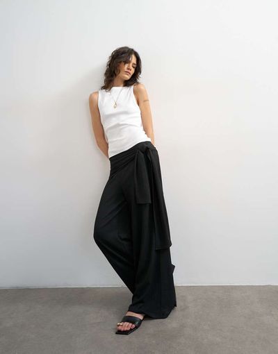 Topshop Topshop plisse wrap scarf detail pants in black