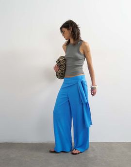 Topshop Topshop plisse wrap scarf detail pants in blue