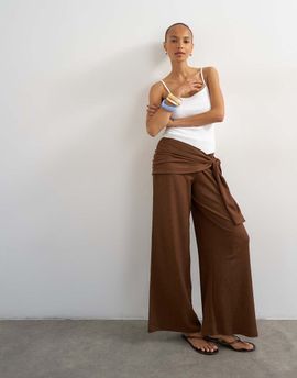 Topshop Topshop plisse wrap scarf detail pants in chocolate-Brown