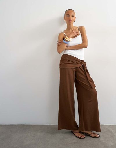 Topshop Topshop plisse wrap scarf detail pants in chocolate-Brown
