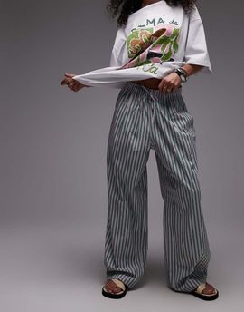 Topshop Topshop poplin pull on wide leg pants in pink and green stripe-Multi