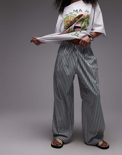 Topshop Topshop poplin pull on wide leg pants in pink and green stripe-Multi