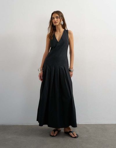 Topshop Topshop poplin structured dropped waist maxi dress in black