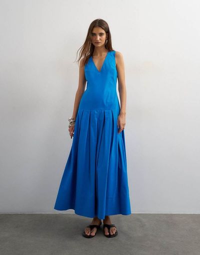 Topshop Topshop poplin structured dropped waist maxi dress in cobalt-Blue