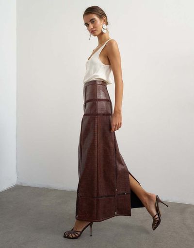 Topshop Topshop premium faux leather cutwork detail column maxi skirt in chocolate-Brown