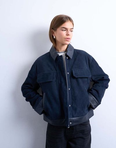 Topshop Topshop premium real suede jacket in blue