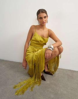 Topshop Topshop premium satin corset maxi dress with fringing detail in olive-No color