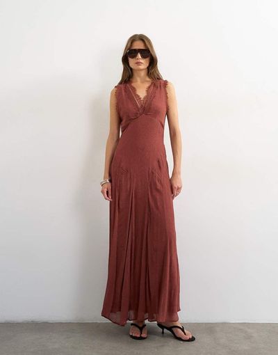 Topshop Topshop premium viscose lace insert pintucked maxi tea dress in rust-Blue