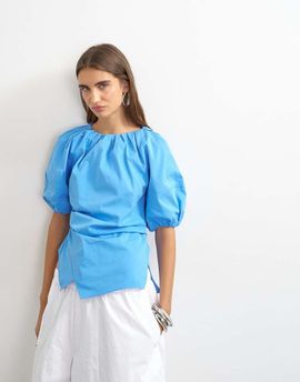 Topshop Topshop puff sleeve wrap hem detail top in cornflower blue