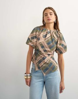 Topshop Topshop puff sleeve wrap hem detail top in green plaid