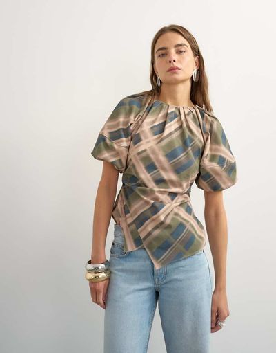 Topshop Topshop puff sleeve wrap hem detail top in green plaid